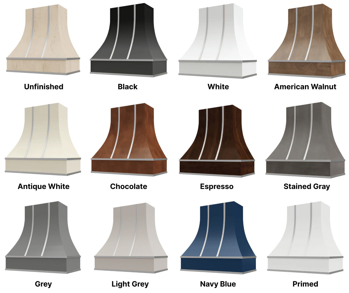 Range Hood With Curved Front, Silver Strapping and Block Trim - 30", 36", 42", 48", 54" and 60" Widths Available