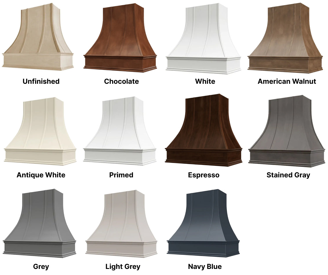 Wood Range Hood With Curved Strapped Front and Decorative Trim - 30" 36" 42" 48" 54" and 60" Widths Available