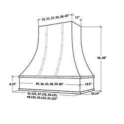 Range Hood With Curved Front, Brass Strapping and Buttons - 30", 36", 42", 48", 54" and 60" Widths Available