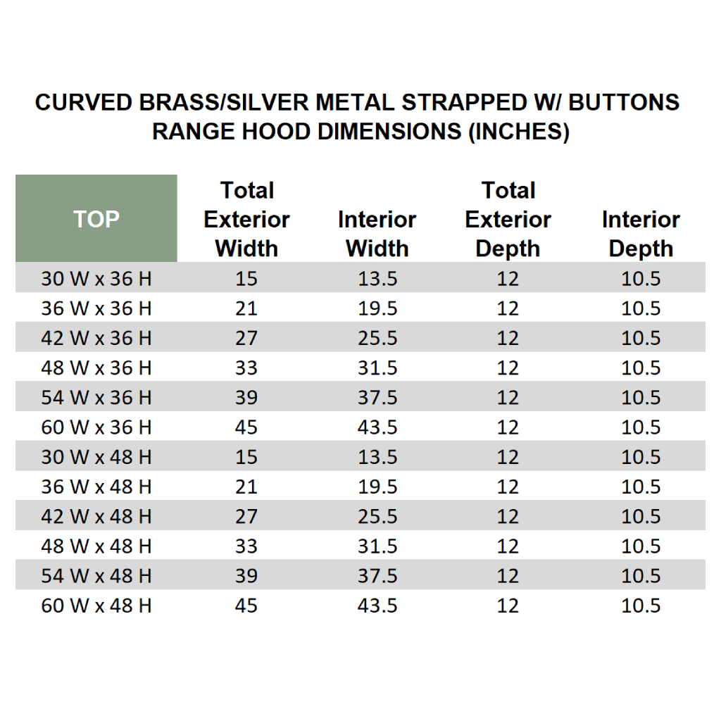 Range Hood With Curved Front, Brass Strapping and Buttons - 30", 36", 42", 48", 54" and 60" Widths Available