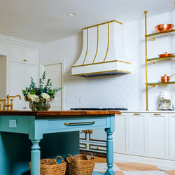 Range Hood With Curved Front, Brass Strapping and Buttons - 30", 36", 42", 48", 54" and 60" Widths Available