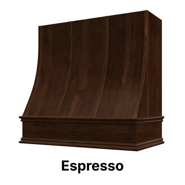 Wood Range Hood With Sloped Strapped Front and Decorative Trim - 30", 36", 42", 48", 54" and 60" Widths Available