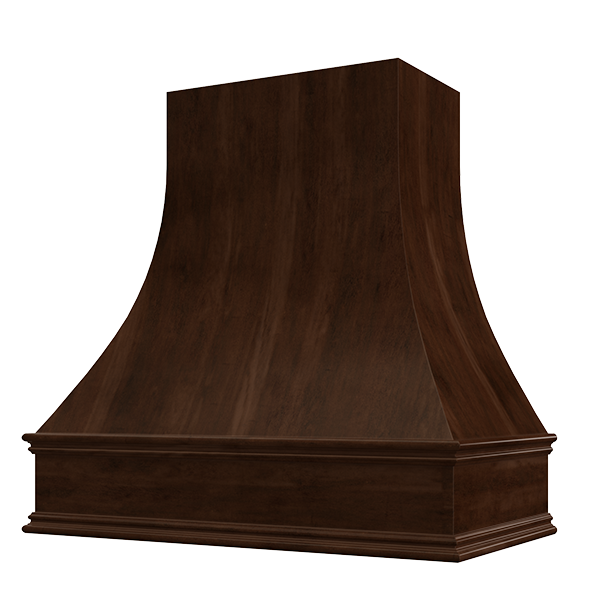 Espresso Wood Range Hood With Curved Front and Decorative Trim - 30" 36" 42" 48" 54" and 60" Widths Available