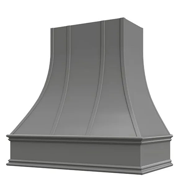 Grey Range Hood With Curved Strapped Front and Decorative Trim - 30", 36", 42", 48", 54" and 60" Widths Available