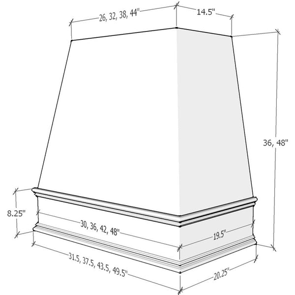 Wood Range Hood With Reclaimed Wood Band, Tapered Front and Decorative Trim - 30", 36", 42", 48", 54" and 60" Widths Available