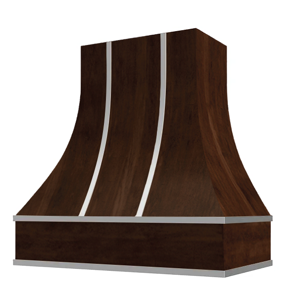 Espresso Range Hood With Curved Front, Silver Strapping and Block Trim - 30", 36", 42", 48", 54" and 60" Widths Available