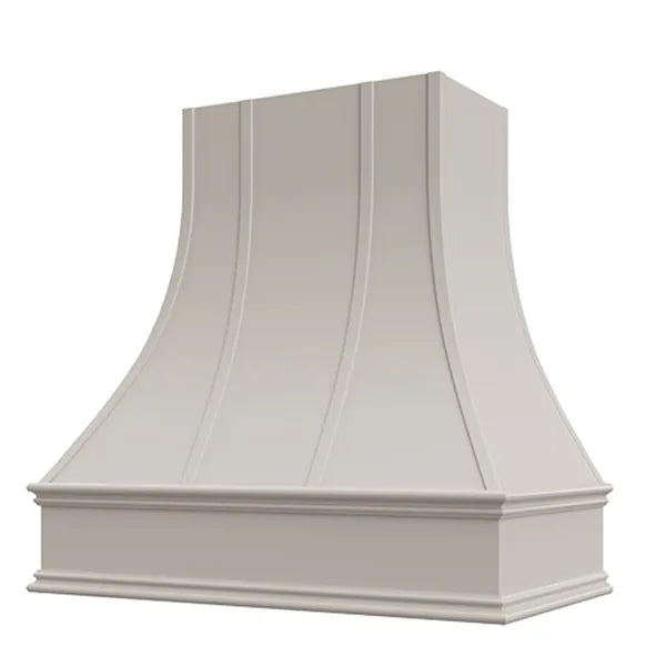 Light Grey Range Hood With Curved Strapped Front and Decorative Trim - 30", 36", 42", 48", 54" and 60" Widths Available
