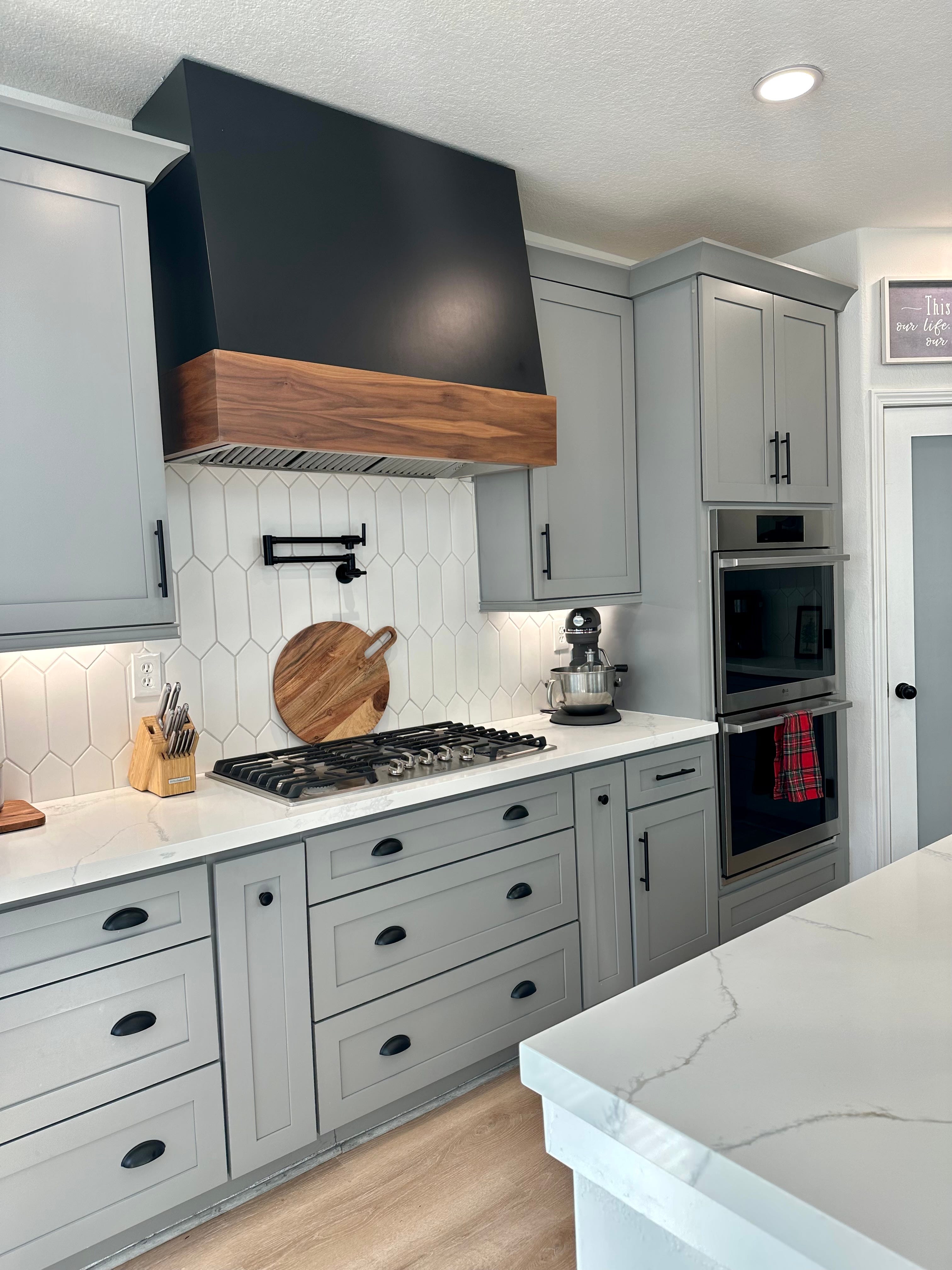 Wood Range Hood With Angled Front and Walnut Band - 30", 36", 42", 48", 54" and 60" Widths Available