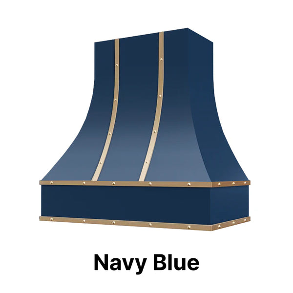 Range Hood With Curved Front, Brass Strapping and Buttons - 30", 36", 42", 48", 54" and 60" Widths Available