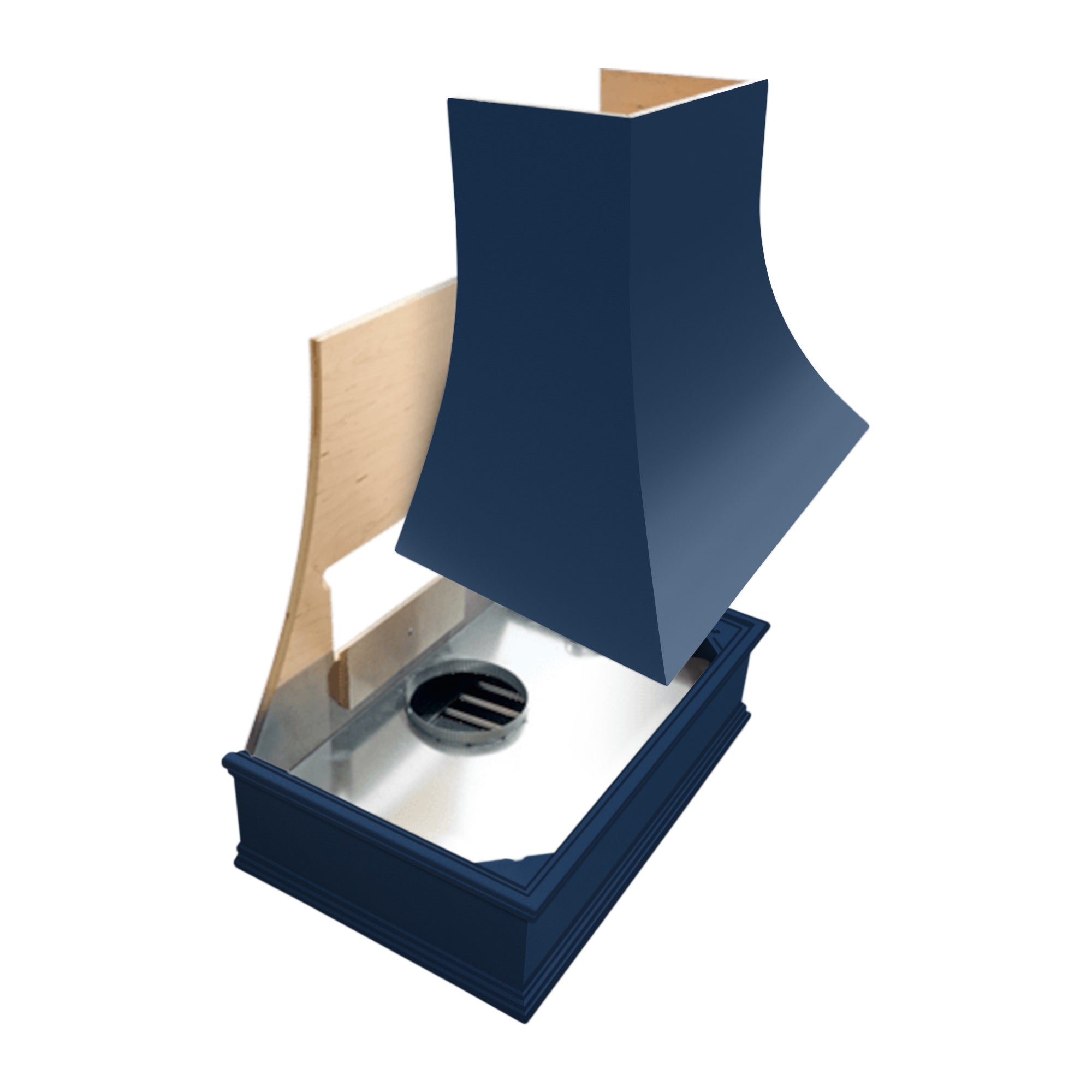 Navy Blue Wood Range Hood With Sloped Front and Decorative