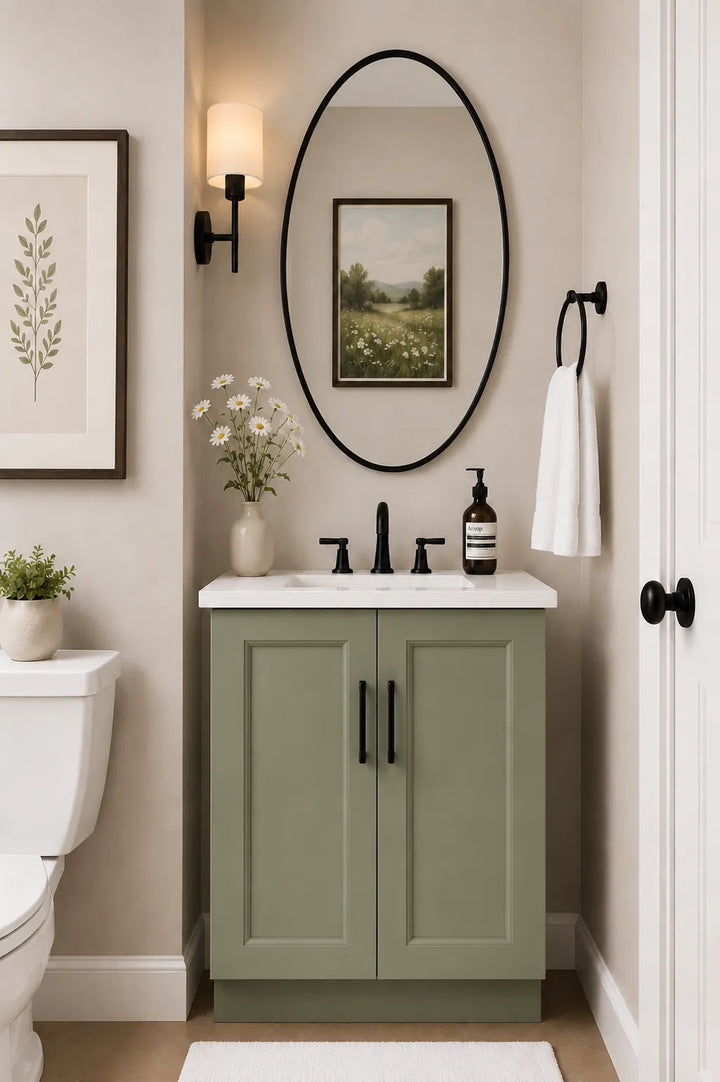 24 Inch Bathroom Vanity Cabinet – Sage Green, Solid Wood & MDF, 2 Drawers & 1 Door, Ceramic Sink Included, Gold Hardware