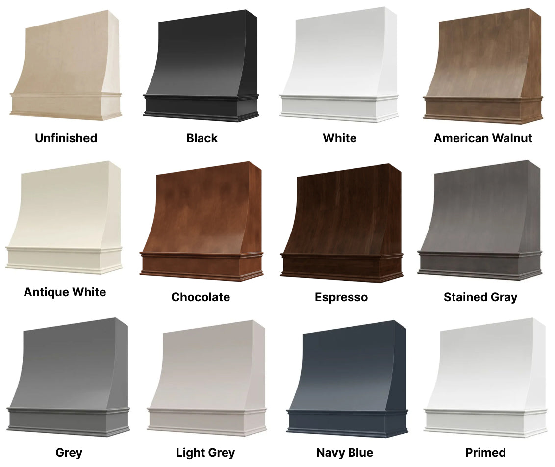 Wood Range Hood With Sloped Front and Decorative Trim - 30", 36", 42", 48", 54" and 60" Widths Available