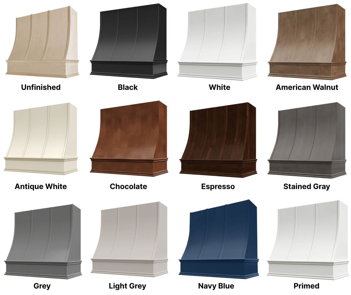 Wood Range Hood With Sloped Strapped Front and Decorative Trim - 30", 36", 42", 48", 54" and 60" Widths Available