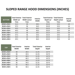 Wood Range Hood With Sloped Front and Decorative Trim - 30", 36", 42", 48", 54" and 60" Widths Available