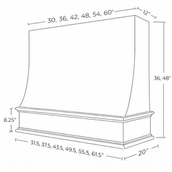 Wood Range Hood With Sloped Front and Decorative Trim - 30", 36", 42", 48", 54" and 60" Widths Available