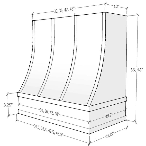 Unfinished Wood Range Hood With Sloped Strapped Front and Flat Trim - 30", 36", 42", 48", 54" and 60" Widths Available