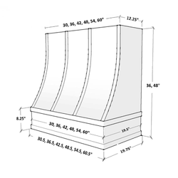 Unfinished Wood Range Hood With Sloped Strapped Front and Flat Trim - 30", 36", 42", 48", 54" and 60" Widths Available