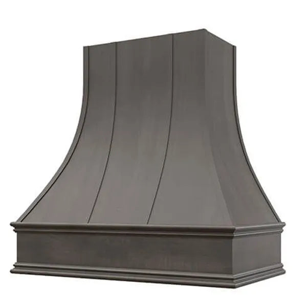 Stained Gray Range Hood With Curved Strapped Front and Decorative Trim - 30", 36", 42", 48", 54" and 60" Widths Available
