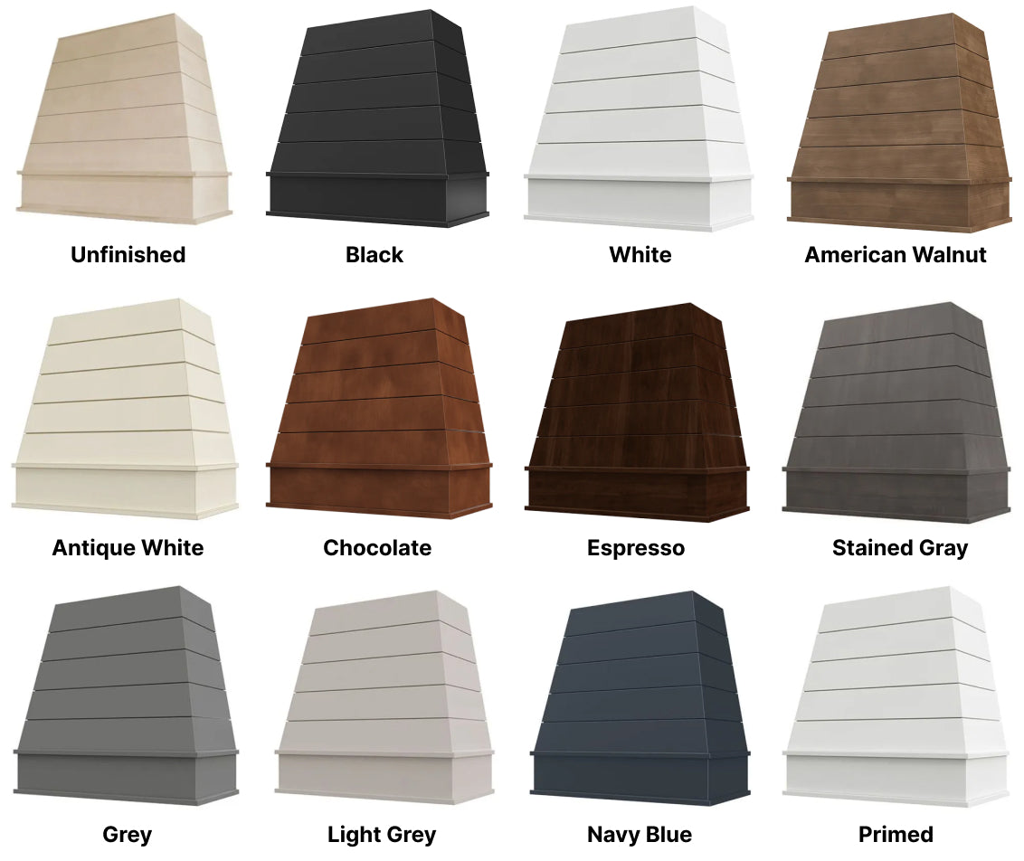 Wood Range Hood With Tapered Shiplap Front and Block Trim - 30", 36", 42", 48", 54" and 60" Widths Available