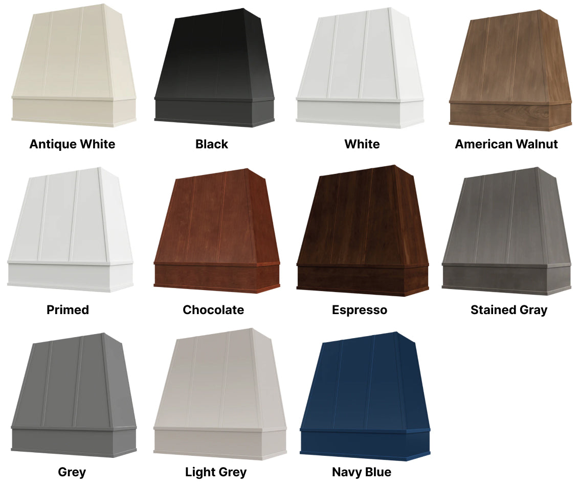 Wood Range Hood With Tapered Strapped Front and Block Trim - 30", 36", 42", 48", 54" and 60" Widths Available