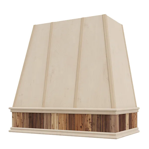 Wood Range Hood With Reclaimed Wood Band, Tapered Front and Decorative Trim - 30", 36", 42", 48", 54" and 60" Widths Available