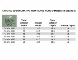 Wood Range Hood With Tapered Front and Decorative Trim - 30", 36", 42", 48", 54" and 60" Widths Available