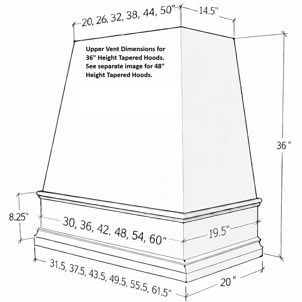 Wood Range Hood With Tapered Front and Decorative Trim - 30", 36", 42", 48", 54" and 60" Widths Available