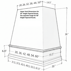 Wood Range Hood With Tapered Front and Decorative Trim - 30", 36", 42", 48", 54" and 60" Widths Available