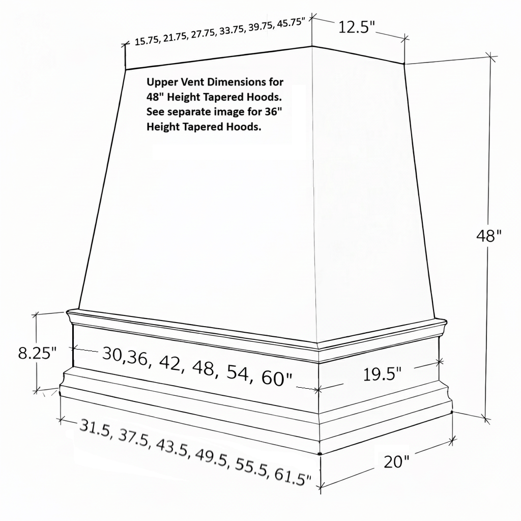 Wood Range Hood With Tapered Front and Decorative Trim - 30", 36", 42", 48", 54" and 60" Widths Available