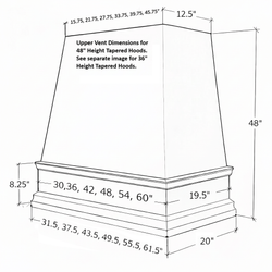 Wood Range Hood With Tapered Front and Decorative Trim - 30", 36", 42", 48", 54" and 60" Widths Available