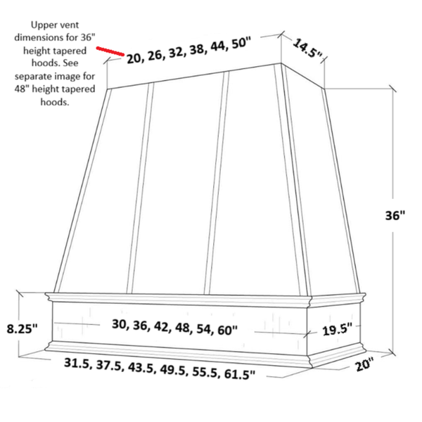 Wood Range Hood With Reclaimed Wood Band, Tapered Front and Decorative Trim - 30", 36", 42", 48", 54" and 60" Widths Available
