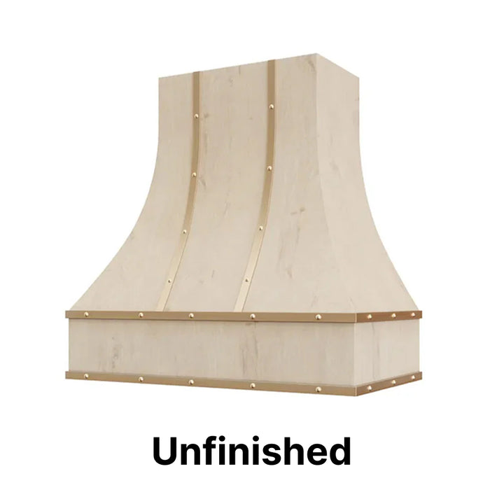 Range Hood With Curved Front, Brass Strapping and Buttons - 30", 36", 42", 48", 54" and 60" Widths Available