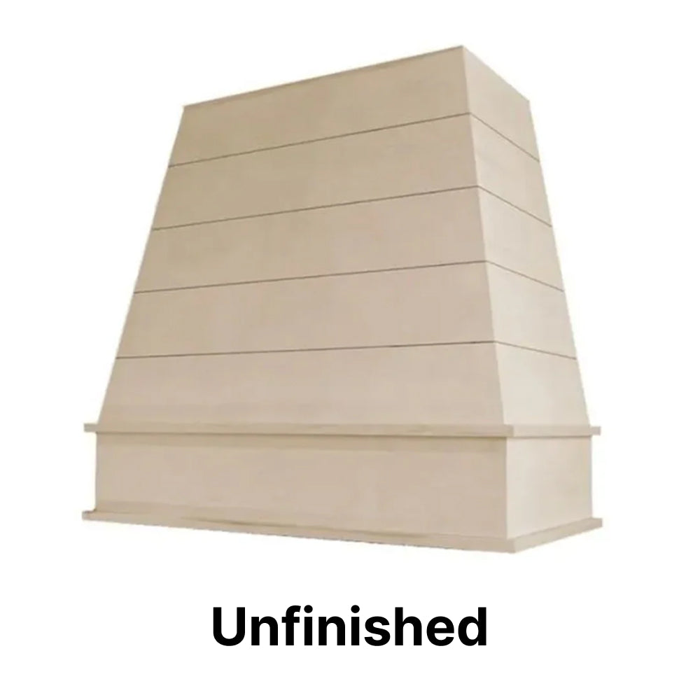Wood Range Hood With Tapered Shiplap Front and Block Trim – Riley