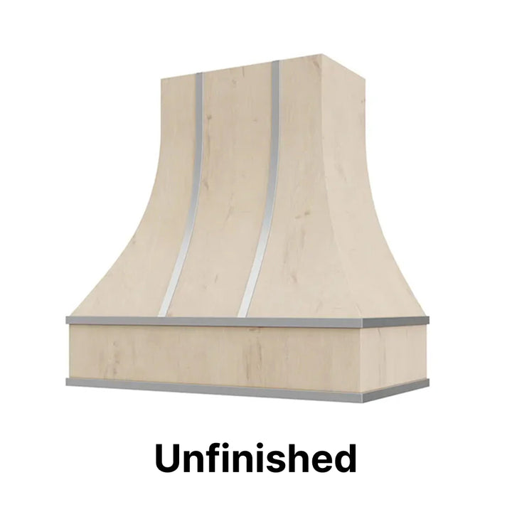 Range Hood With Curved Front, Silver Strapping and Block Trim - 30", 36", 42", 48", 54" and 60" Widths Available