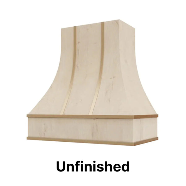 Wood Range Hood With Curved Front and Brass Strapping - 30" 36" 42" 48" 54" and 60" Widths Available