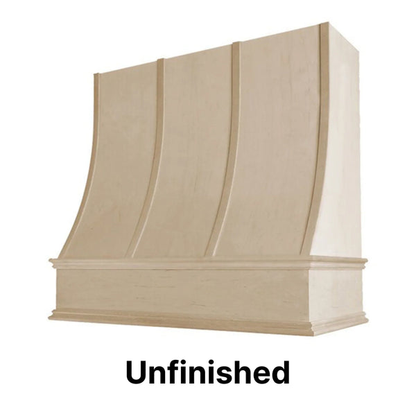 Wood Range Hood With Sloped Strapped Front and Decorative Trim - 30", 36", 42", 48", 54" and 60" Widths Available