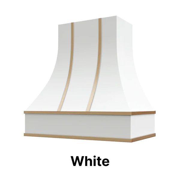 Wood Range Hood With Curved Front and Brass Strapping - 30" 36" 42" 48" 54" and 60" Widths Available