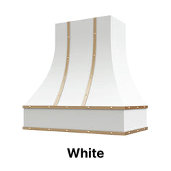 Range Hood With Curved Front, Brass Strapping and Buttons - 30", 36", 42", 48", 54" and 60" Widths Available