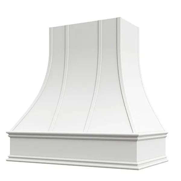 White Range Hood With Curved Strapped Front and Decorative Trim - 30", 36", 42", 48", 54" and 60" Widths Available