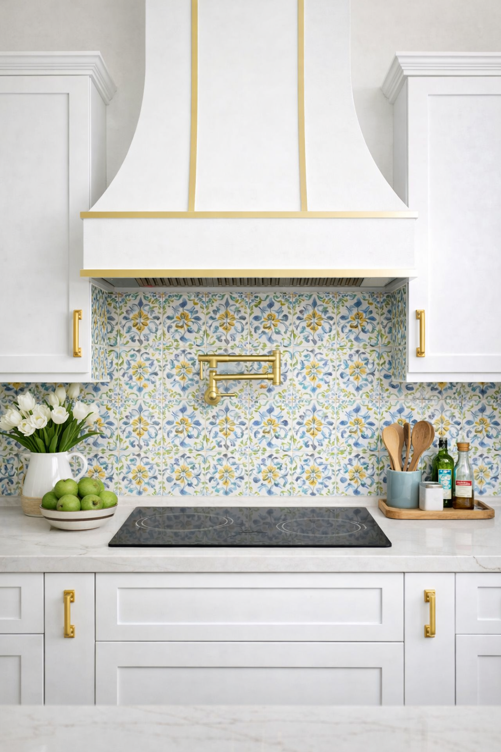 Wood Range Hood With Curved Front and Brass Strapping and Flat Trim - 30" 36" 42" 48" 54" and 60" Widths Available