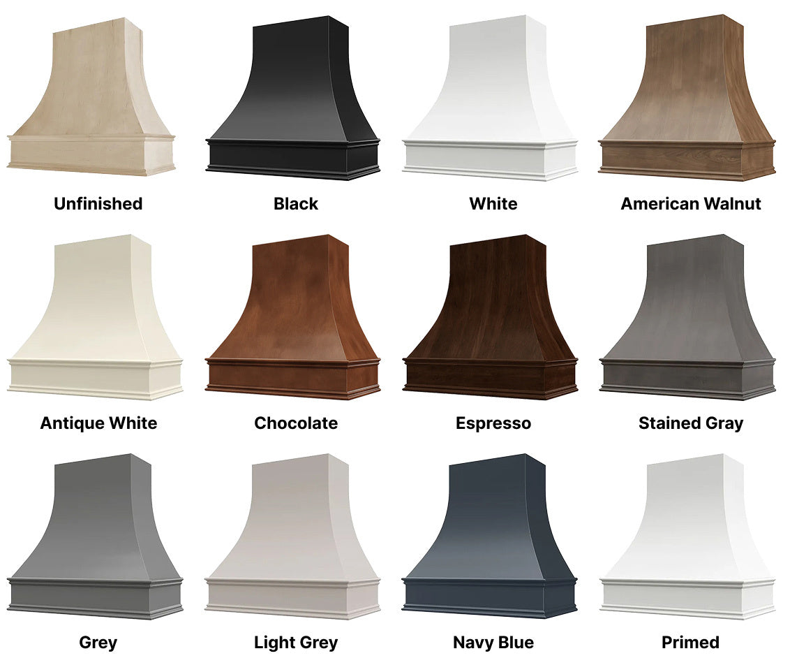 Wood Range Hood With Curved Front and Decorative Trim - 30" 36" 42" 48" 54" and 60" Widths Available