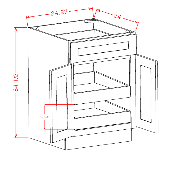 Gray Stained Shaker 27" Base Cabinet w/ 2 Rollout Shelves