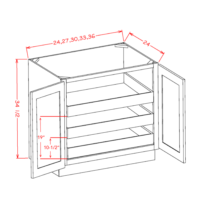 Dove Shaker 27" Full Height Door Base Cabinet w/ 3 Rollout Shelves