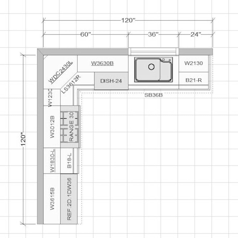 Grey Shaker L-Shaped 10x10 Kitchen Layout Floorplan – Riley & Higgs