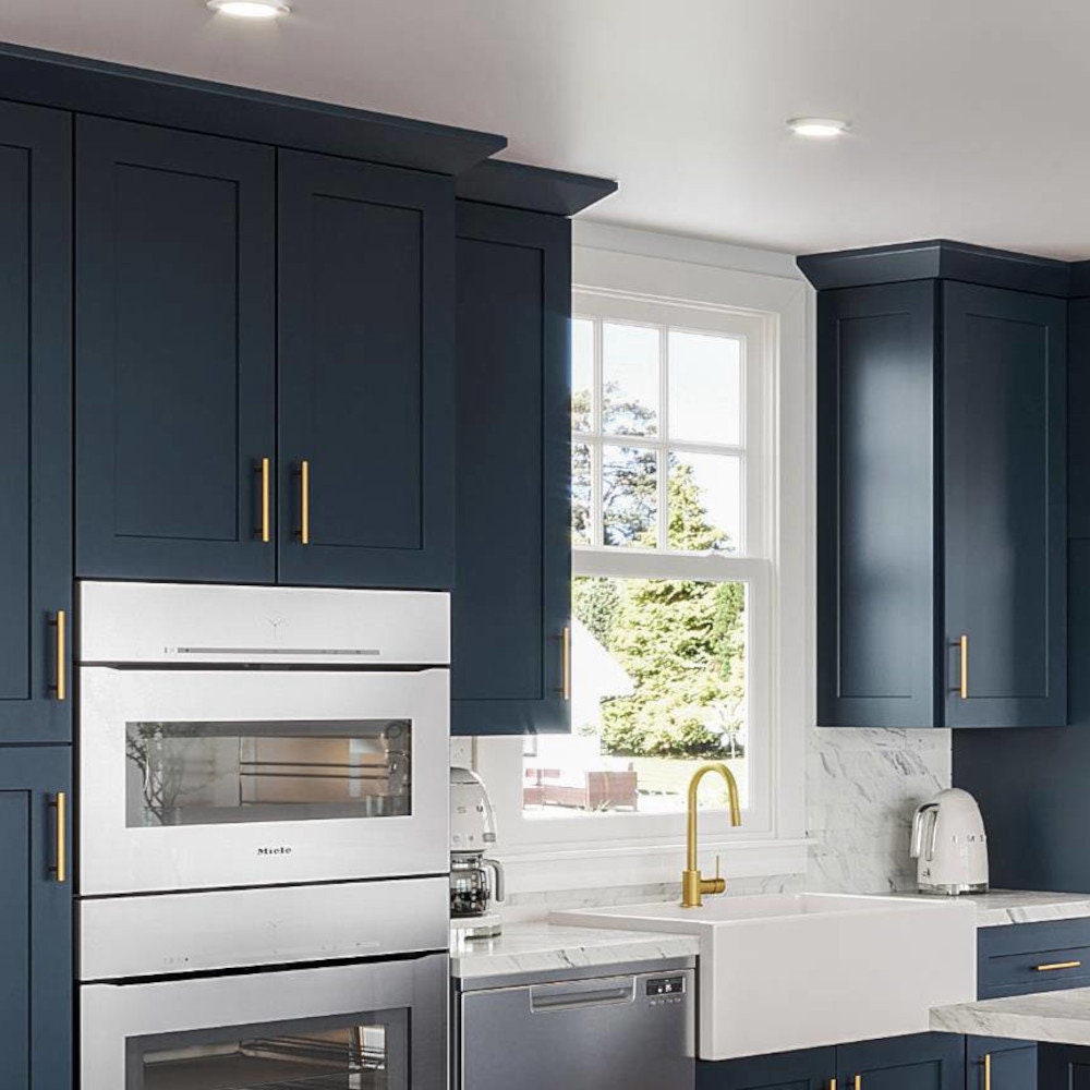 Navy Blue Shaker L-Shaped 10x10 Kitchen Layout Floorplan